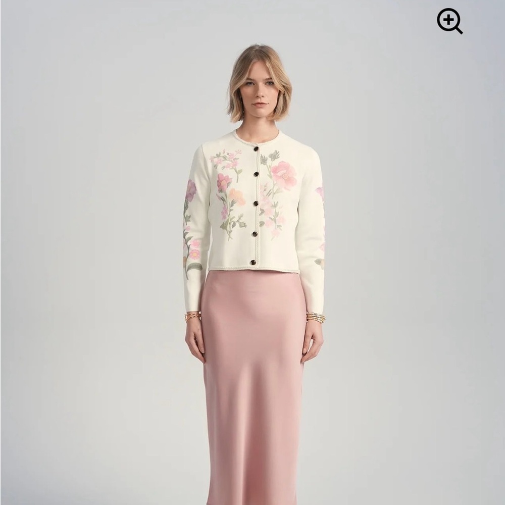 Aleeza Paris XL Glanville Floral Ivory Cardigan with Pink Blooms - Picture 3 of 4